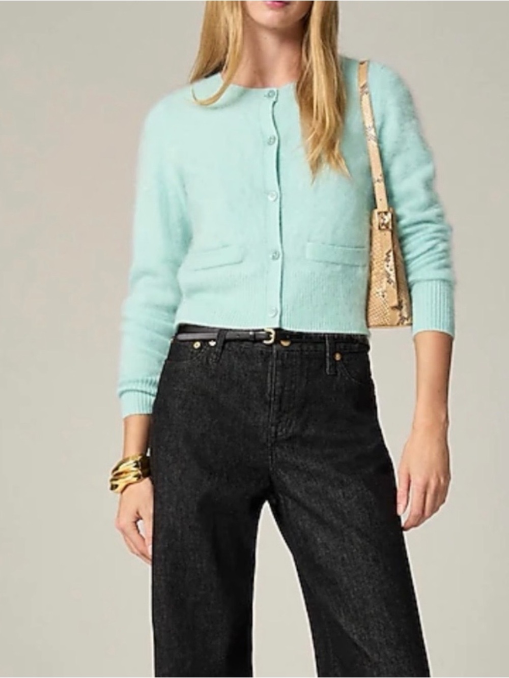 J.Crew Women's Brushed 100% Cashmere Cropped Cardigan Fuzzy Mint Green Sz S - Picture 3 of 13